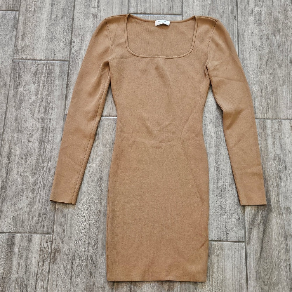 Babaton Sculpt Knit Mini Dress Size S Camel Tan Square Neck Long Sleeve Bodycon